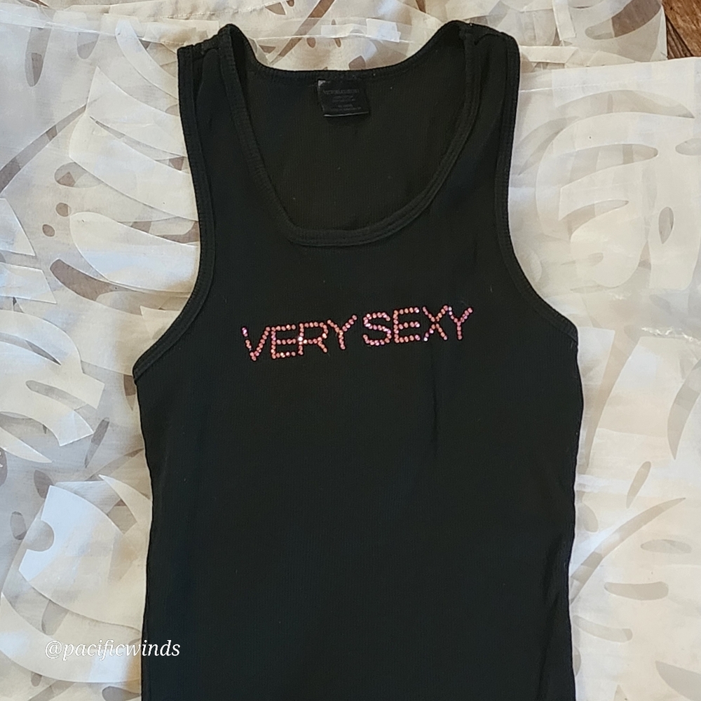 RARE! VICTORIA'S SECRET COTTON LOGO RIBBED TANK Embellished VERY SEXY OSFM BLACK